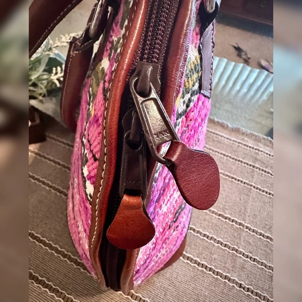 Leather Satchel w/ Pink Floral & Southwestern Pattern Embroidery